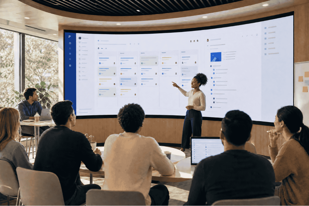 Women is giving men a training for jira and confluence