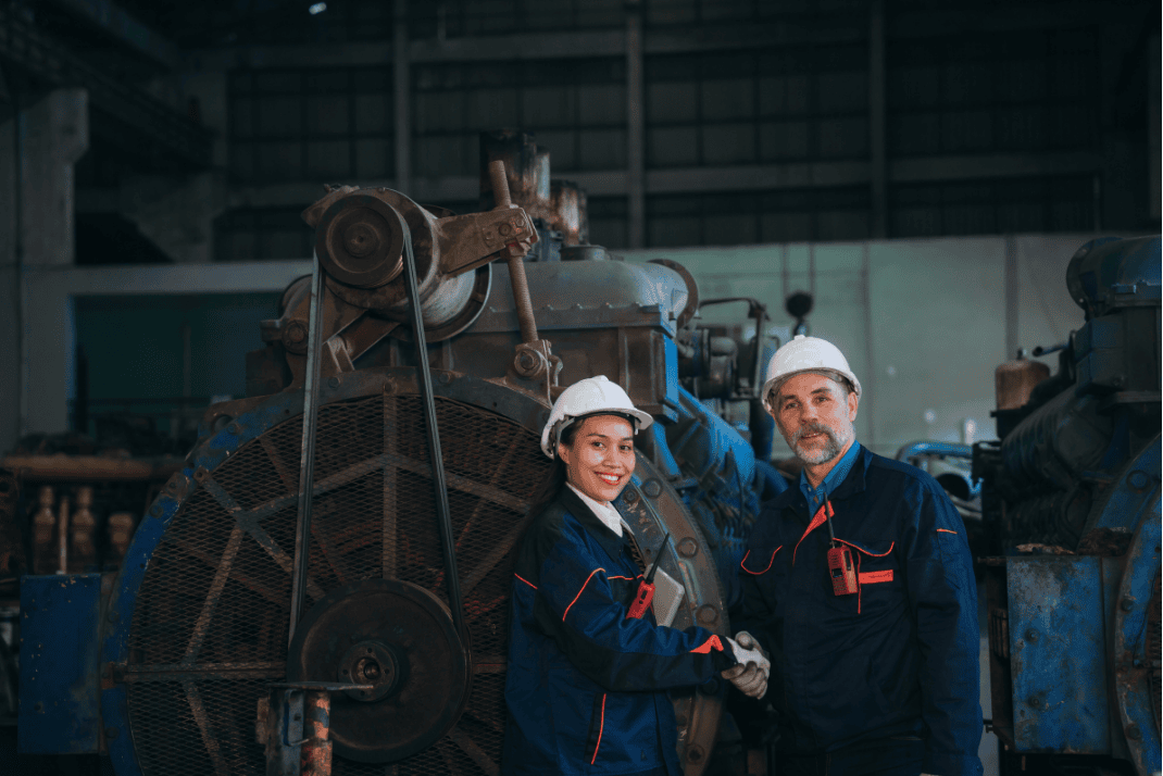 engineers planning production in a warehouse